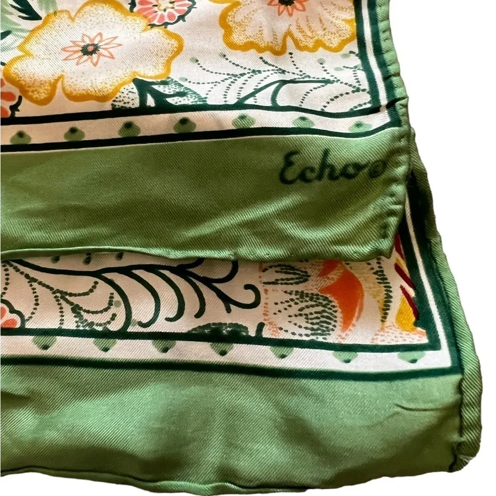 Vintage Echo Green & Peach Floral Scarf Mod 14x45”